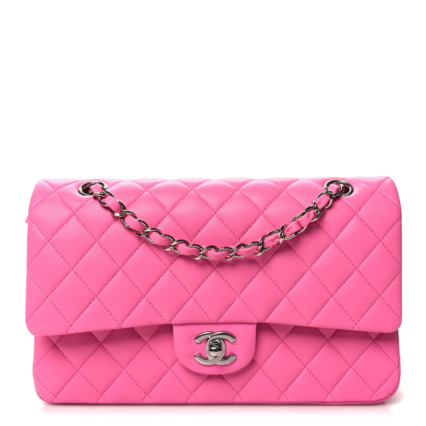 Lambskin Quilted Medium Double Flap Neon Pink