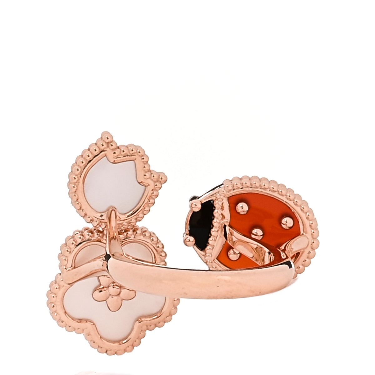 Van Cleef & Arpels 18K Rose Gold Mother of Pearl Carnelian Black Onyx Lucky Spring Between the Finger Ring 48 4.5 4 of 5