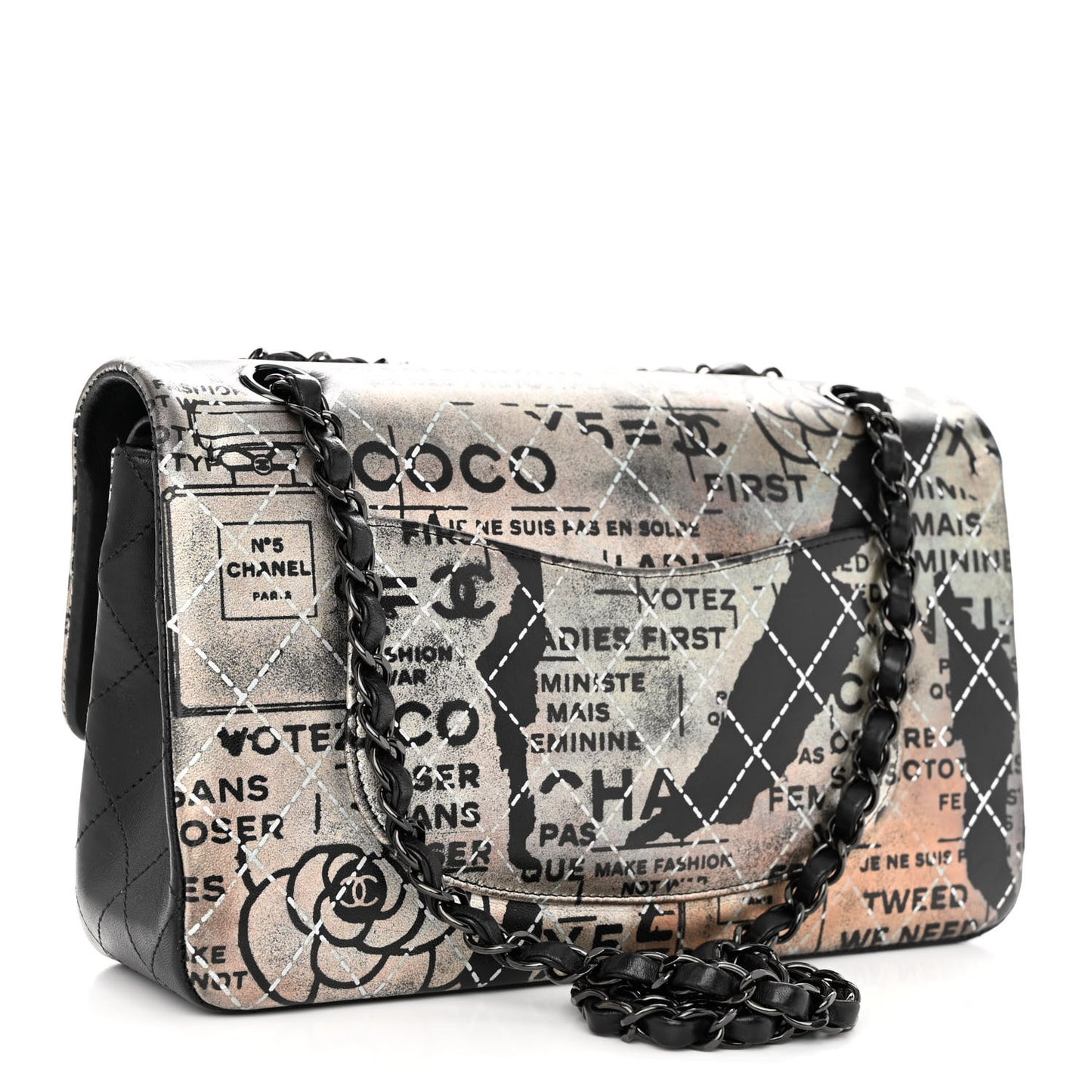 Metallic Lambskin Painted Feministe Newsprint Medium Double Flap So Black