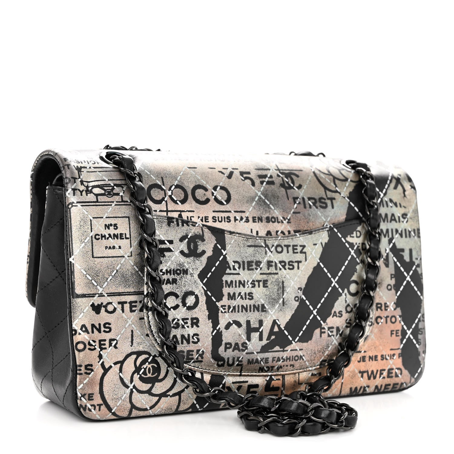 Chanel Metallic Lambskin Painted Feministe Newsprint Medium Double Flap So Black 3 of 12