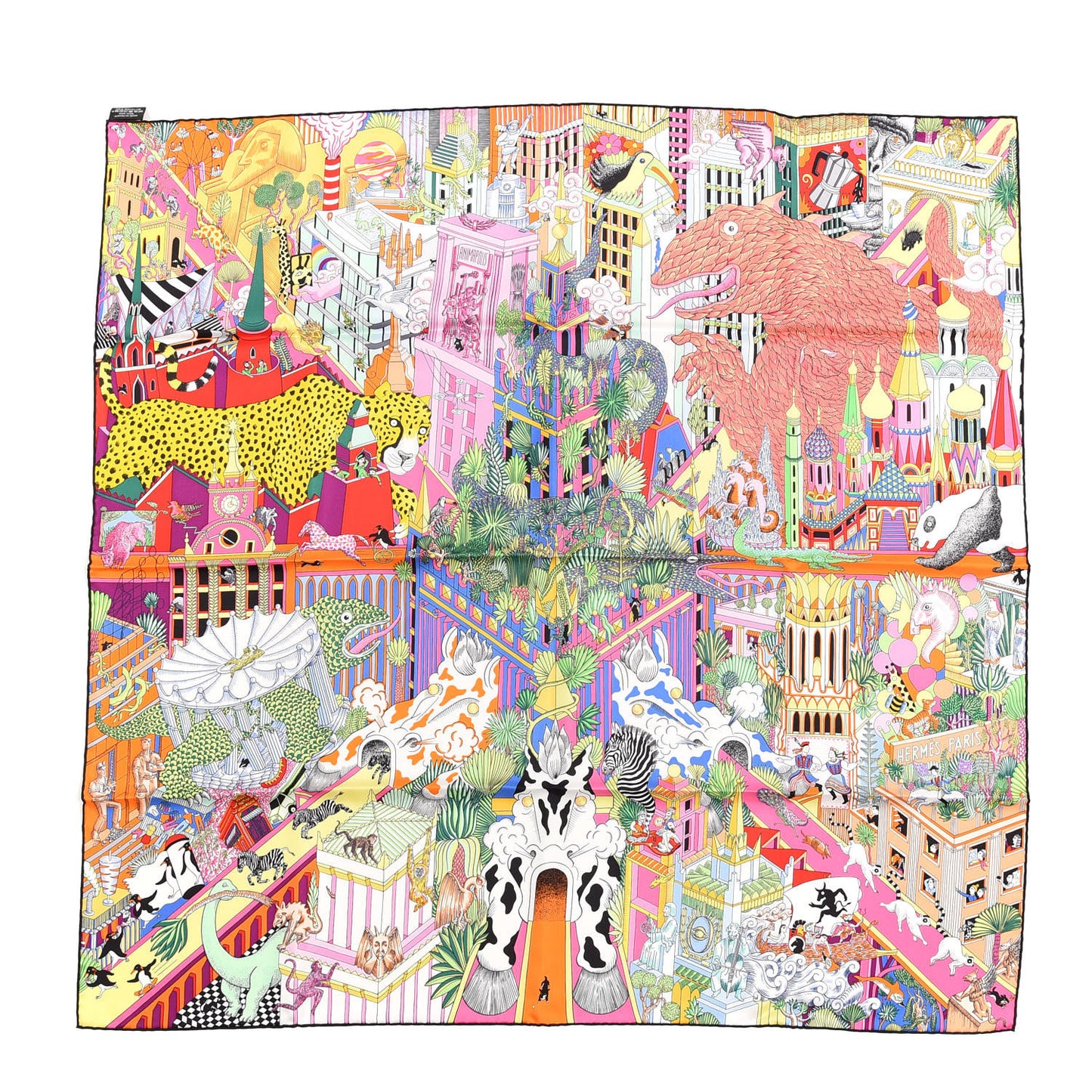 Silk Animapolis Scarf 90 Jaune Vif Vert Rose