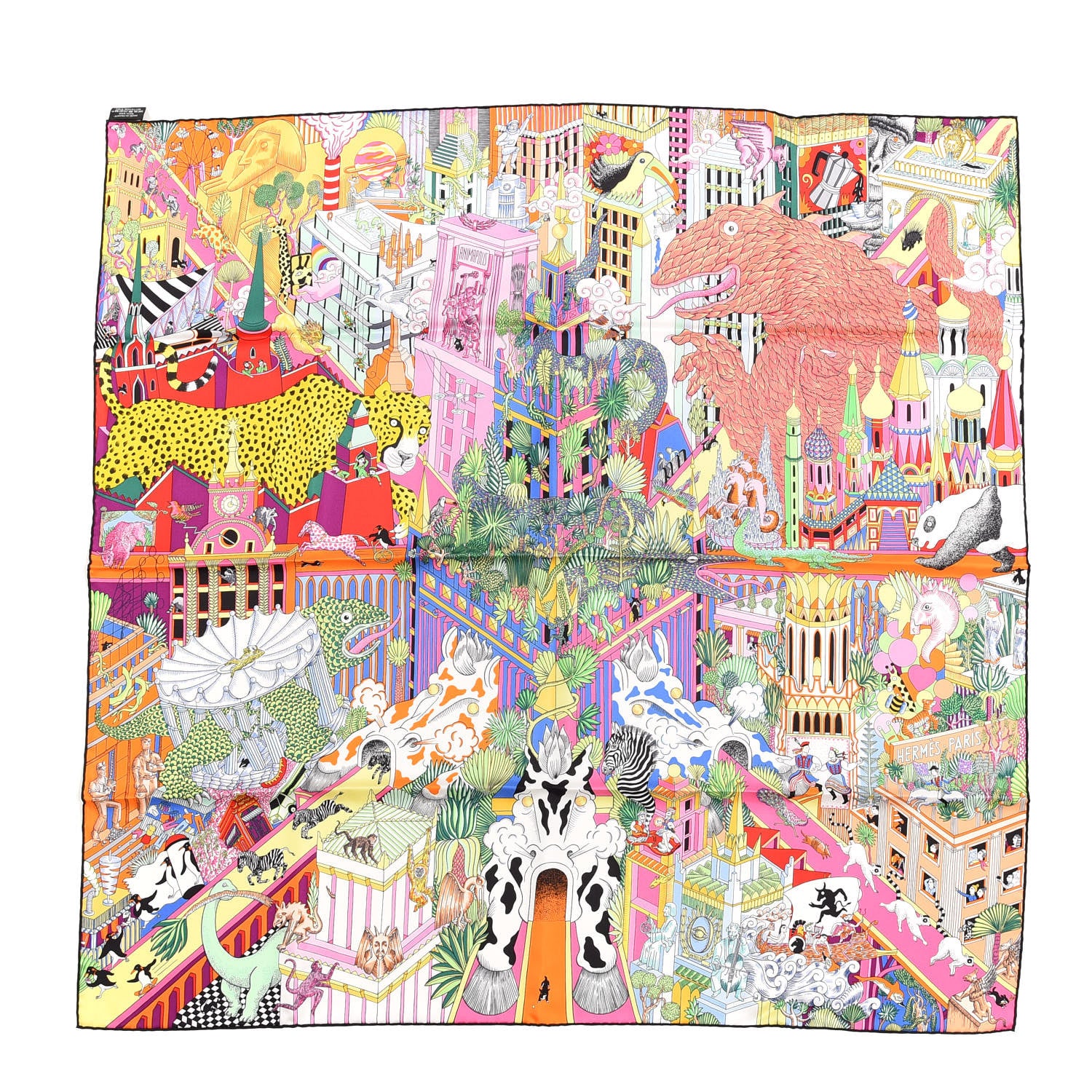 Hermes Silk Animapolis Scarf 90 Jaune Vif Vert Rose 1 of 4