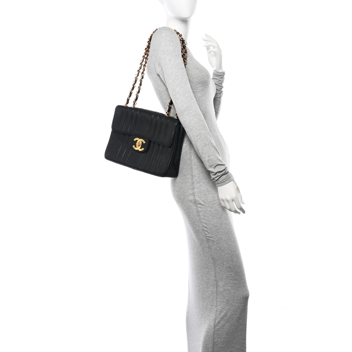 Caviar Vertical Quilted Jumbo Single Flap Black