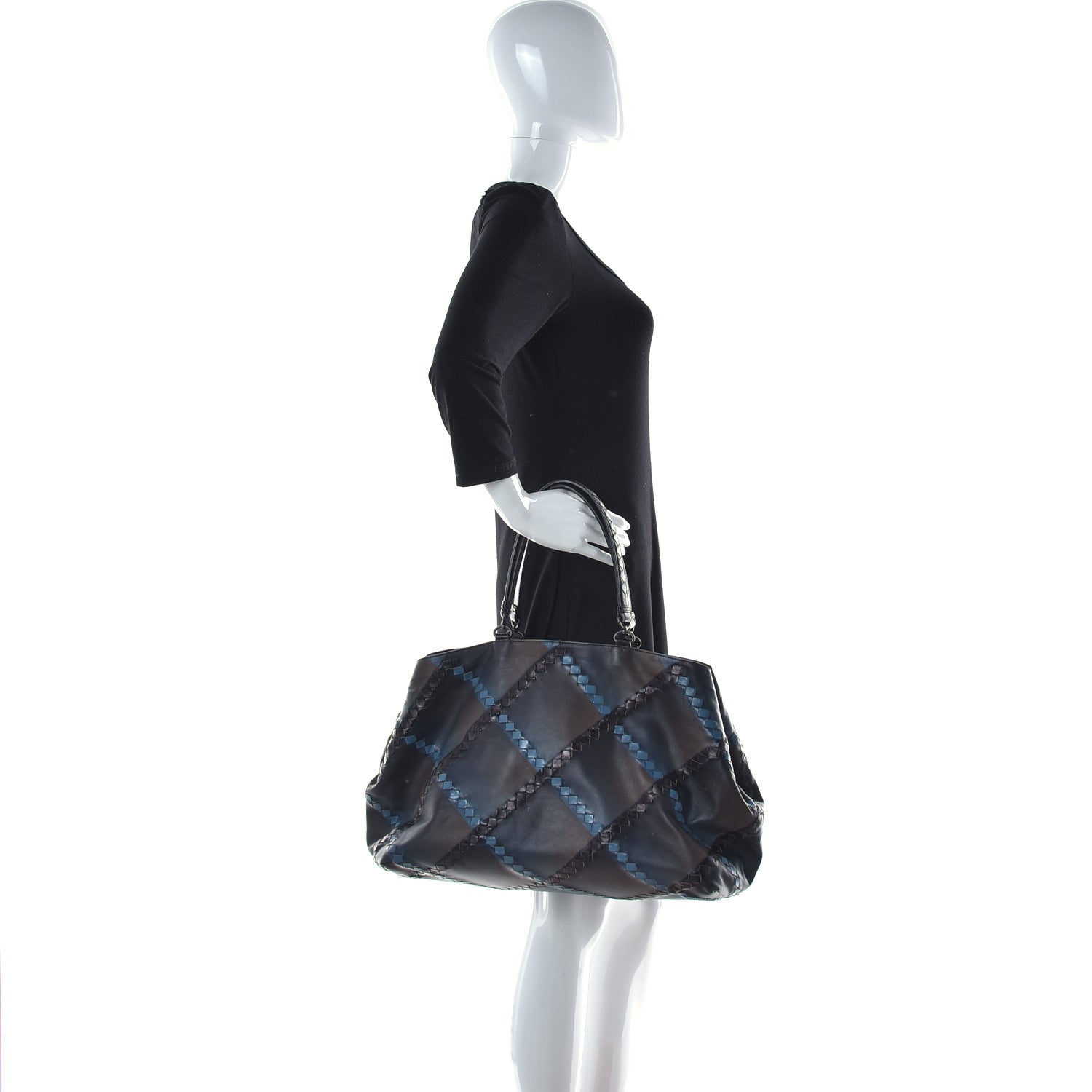 Bottega Veneta Calfskin Intrecciato Diamond Tote Black Blue 2 of 15