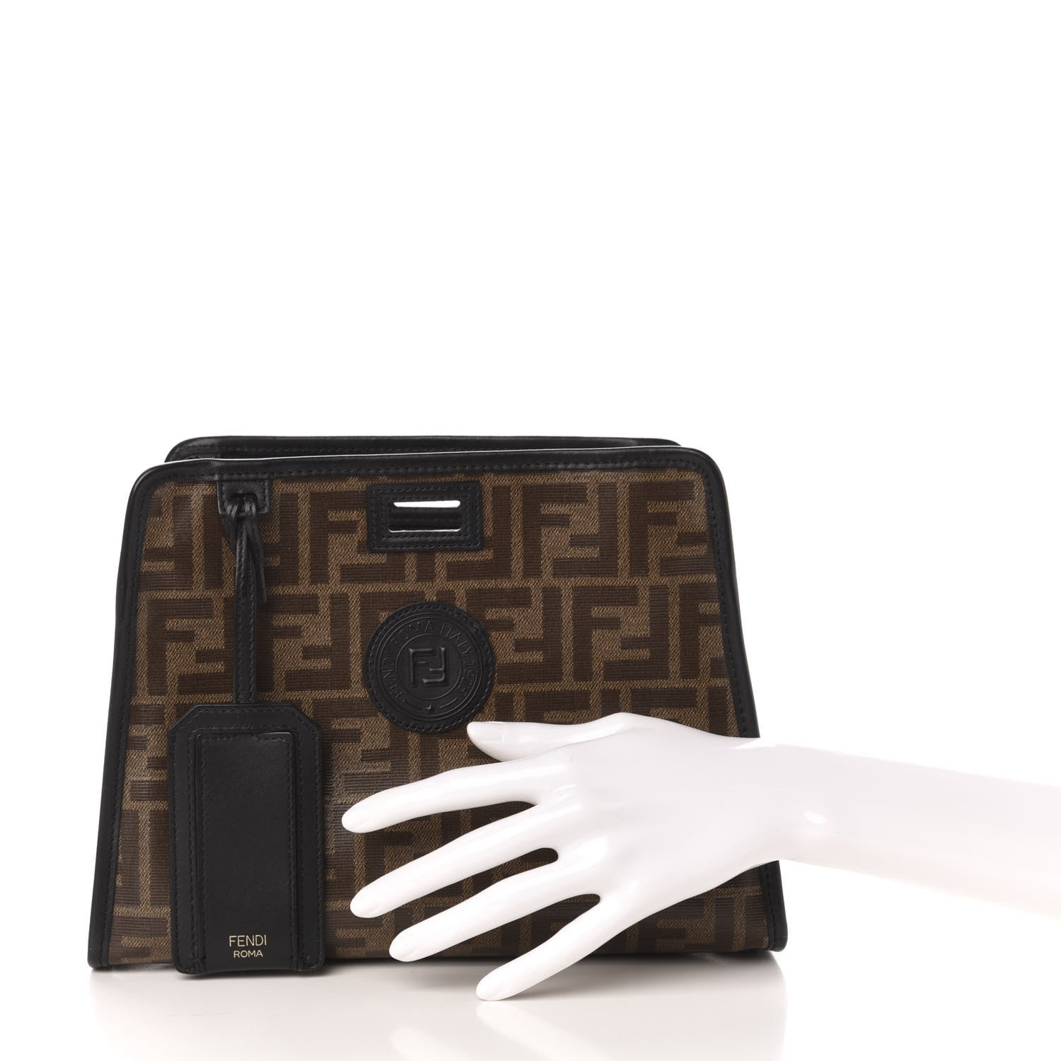Fendi Glazed Fabric Vitello Century FF 1974 Stamp Patch Mini Peekaboo Defender Cover Mogano Panna Black 2 of 10