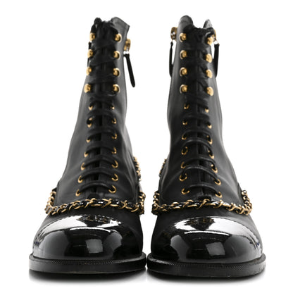 Chanel Calfskin Chain Lace Up Boots 36.5 Black 3 of 10