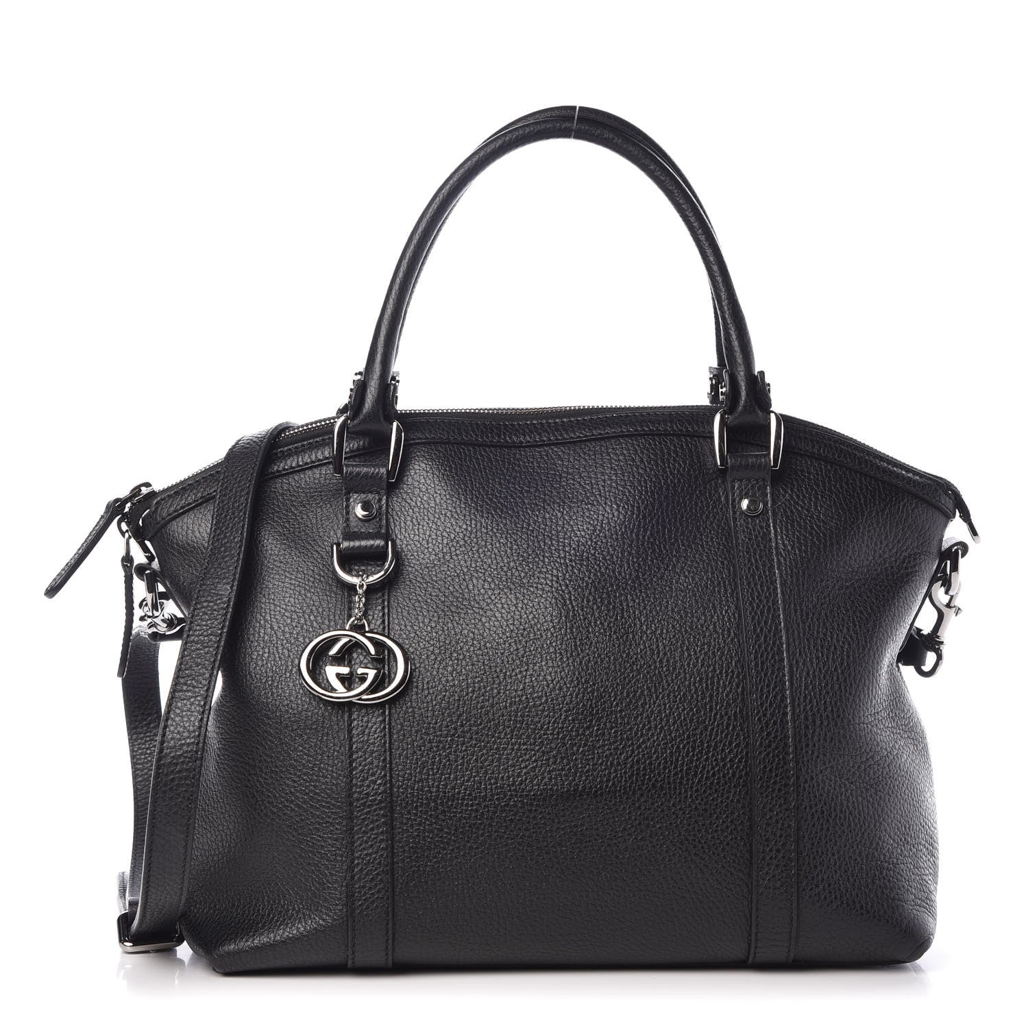 Gucci Pebbled Calfskin Medium GG Charm Dome Satchel Black 1 of 10