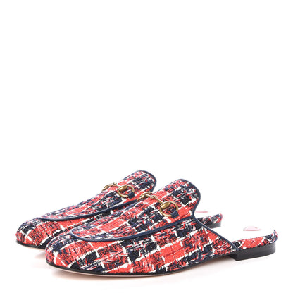Gucci Tweed Check Womens Princetown Slippers 40 Hibiscus Red Royal Blue 3 of 8