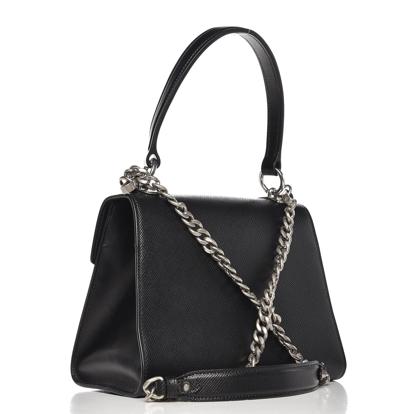Saffiano Cuir Calfskin Monochrome Envelope Flap Top Handle Chain Shoulder Bag Black
