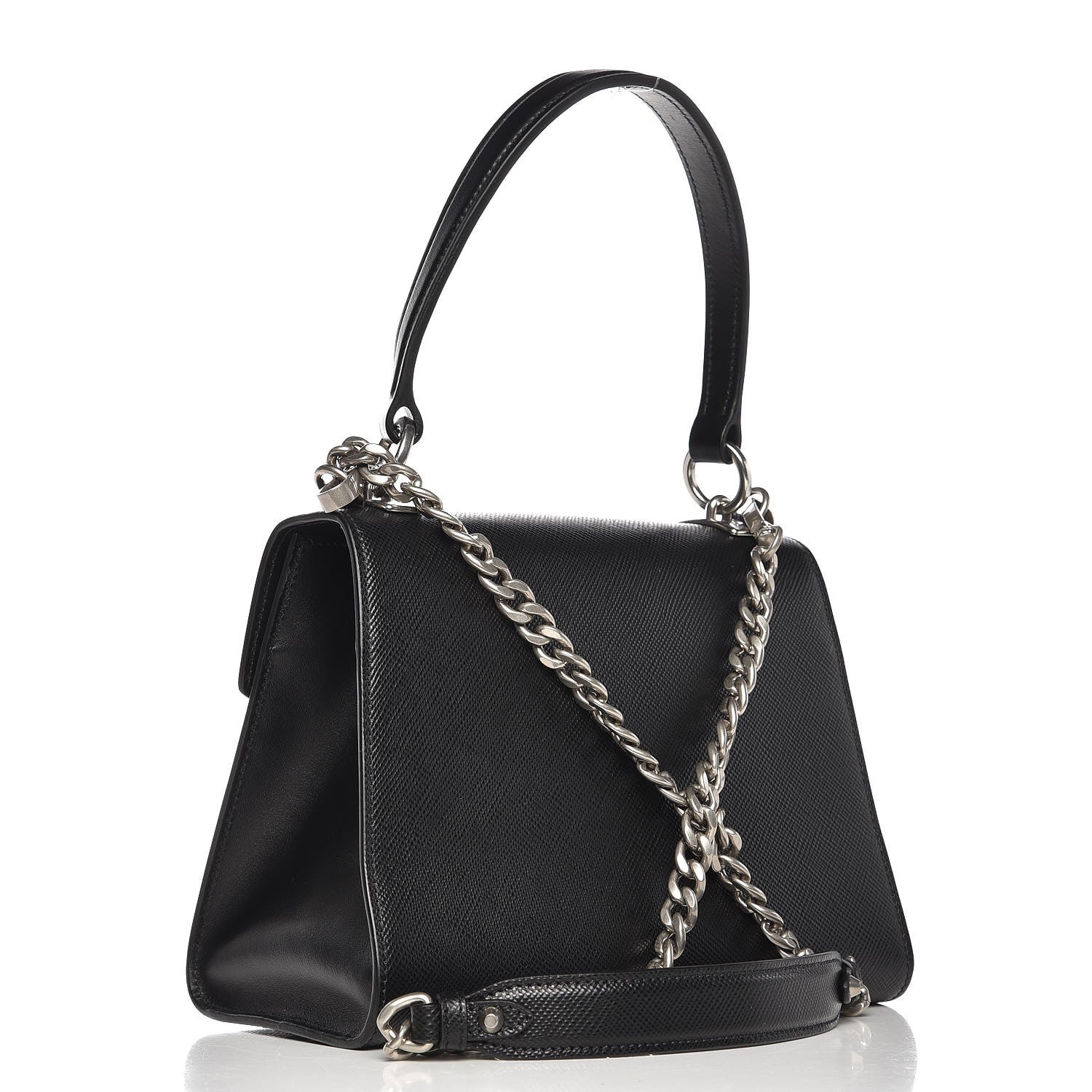 Prada Saffiano Cuir Calfskin Monochrome Envelope Flap Top Handle Chain Shoulder Bag Black 3 of 6