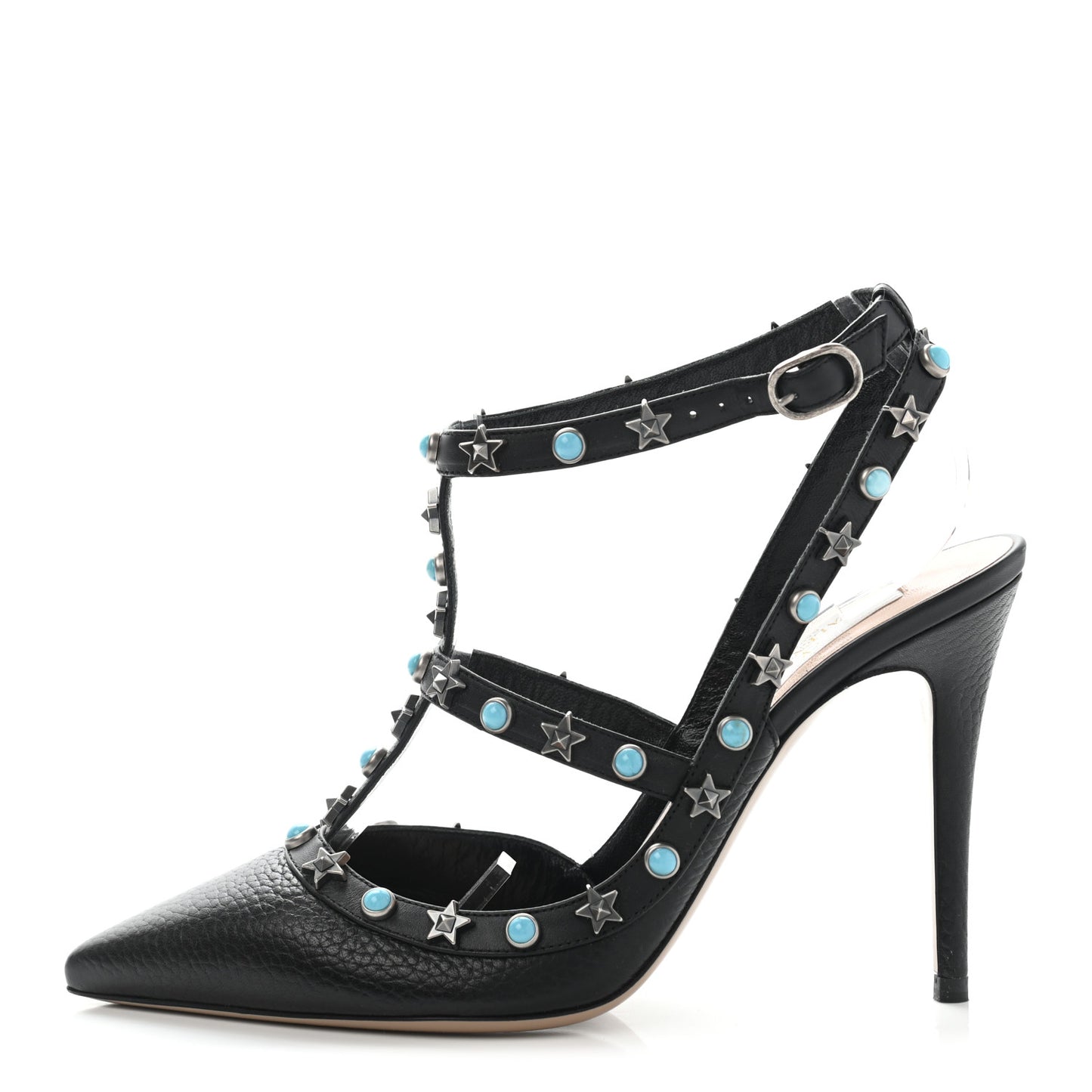 Pebbled Calfskin Stars Turquoise Rockstud Rolling Ankle Strap 100mm Pumps 37.5 Black