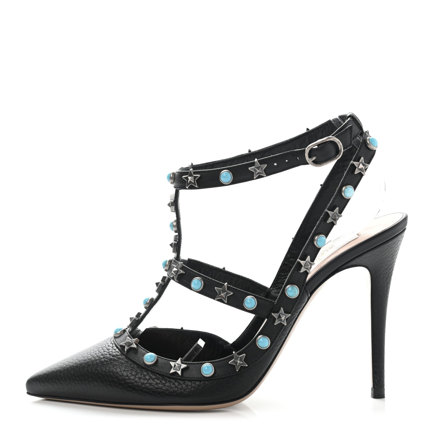 Valentino Garavani Pebbled Calfskin Stars Turquoise Rockstud Rolling Ankle Strap 100mm Pumps 37.5 Black 1 of 10