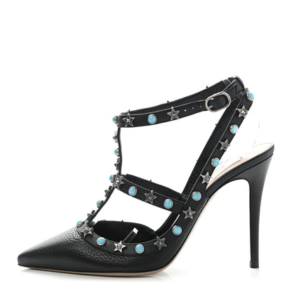 Valentino Garavani Pebbled Calfskin Stars Turquoise Rockstud Rolling Ankle Strap 100mm Pumps 37.5 Black 1 of 10