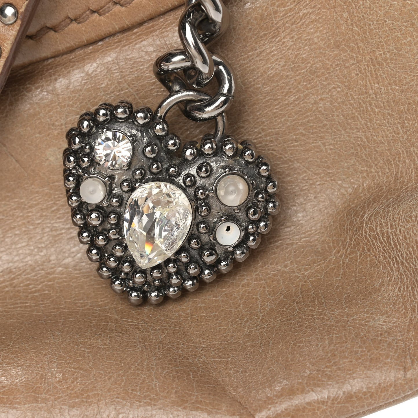 Vitello Lux Crystal Heart Charm Tote Beige