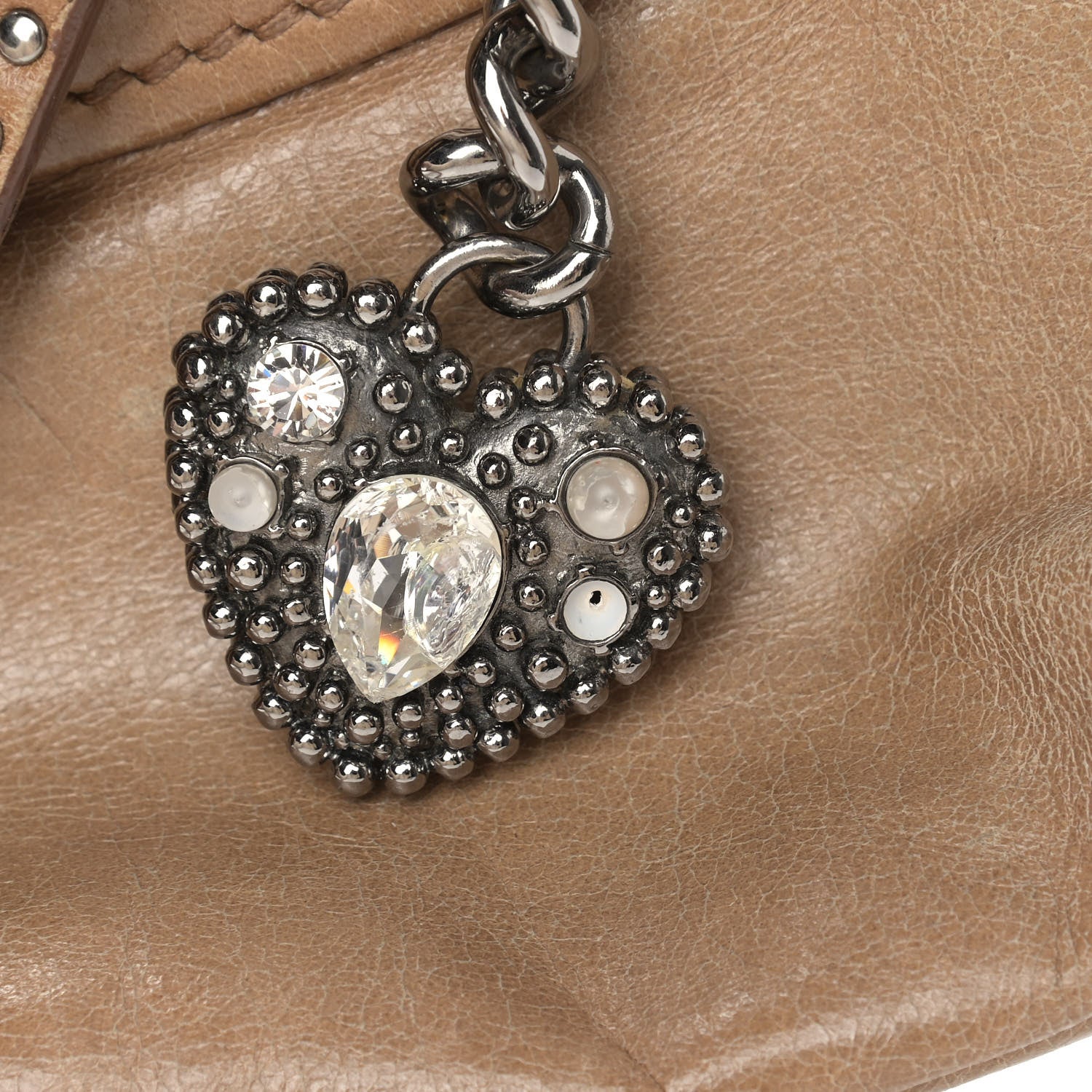 Miu Miu Vitello Lux Crystal Heart Charm Tote Beige 10 of 17