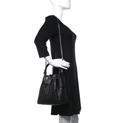 Chanel Caviar Flat Quilted CC Chain Bucket Drawstring Bag Black 2 of 10