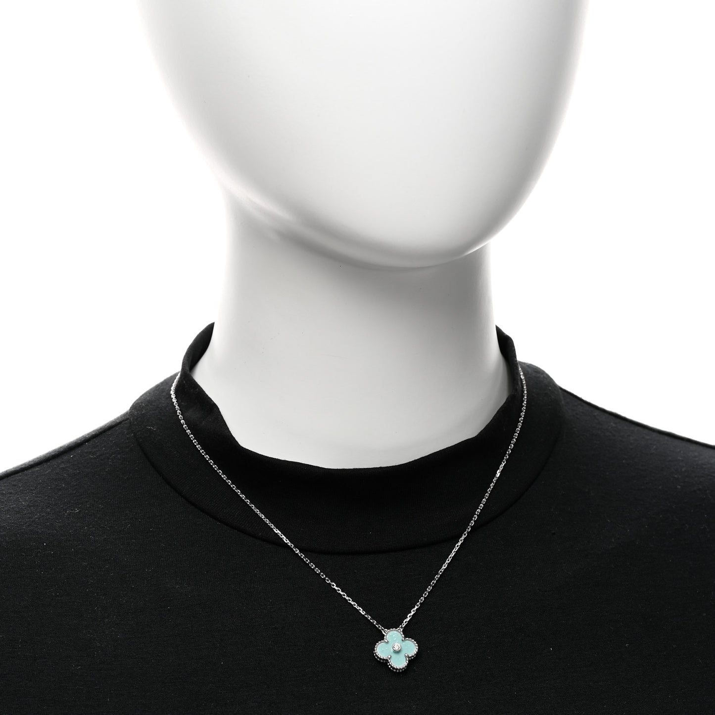 18K White Gold Diamond Celadon Green Sevres Porcelain Vintage Alhambra Pendant Necklace
