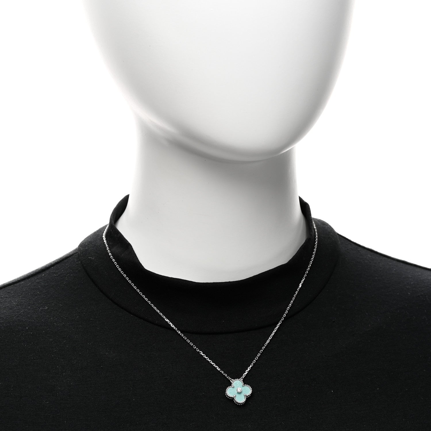 Van Cleef & Arpels 18K White Gold Diamond Celadon Green Sevres Porcelain Vintage Alhambra Pendant Necklace 2 of 6
