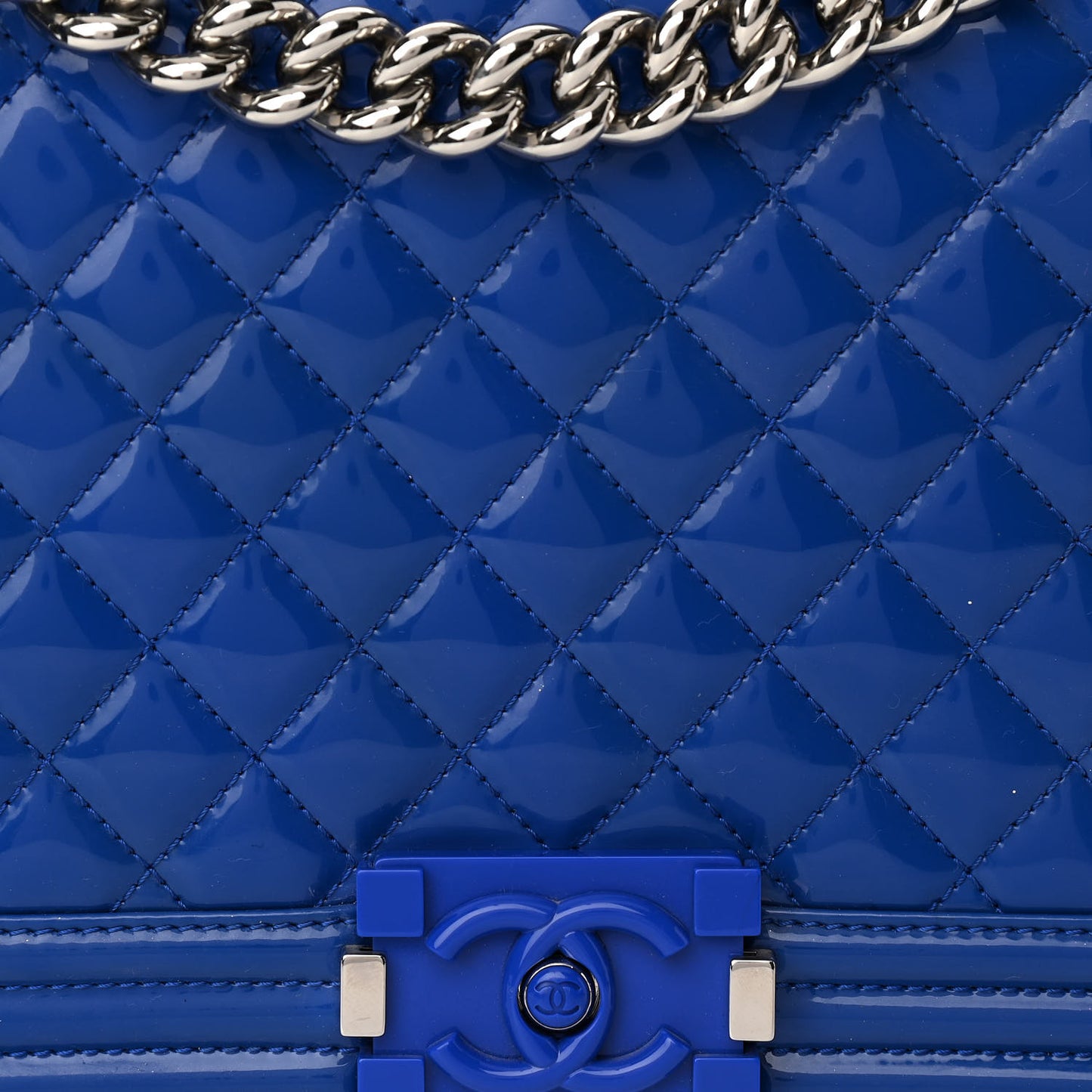 Patent Calfskin Quilted New Medium Plexiglass Boy Flap Blue