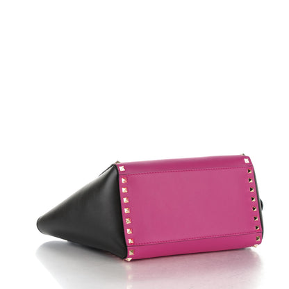 Valentino Garavani Vitello Bi-Color Small Rockstud Double Handle Tote Fuxia Black 4 of 8