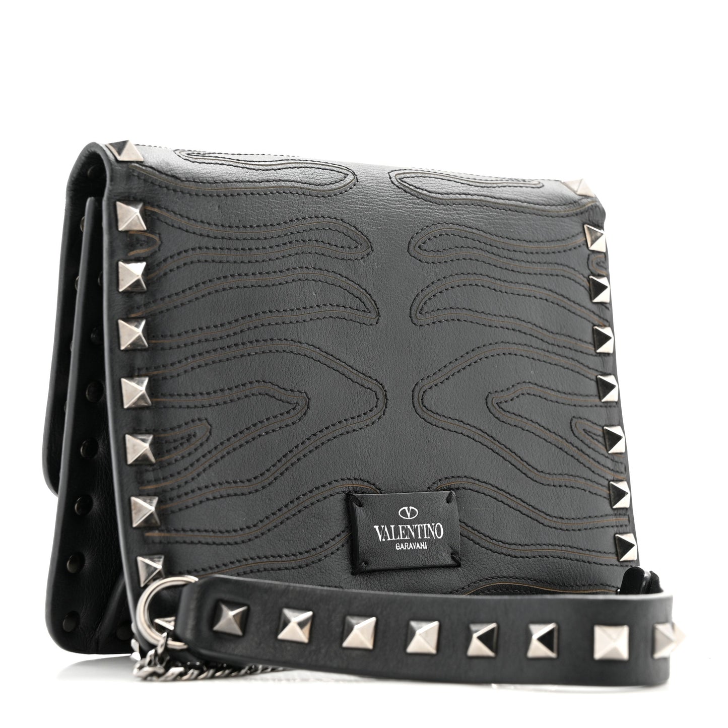 Calfskin Embroidered Rockstud Mini Crossbody Bag Black