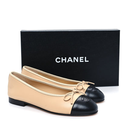 Chanel Lambskin Cap Toe CC Ballerina Flats 37 Beige Black 10 of 10