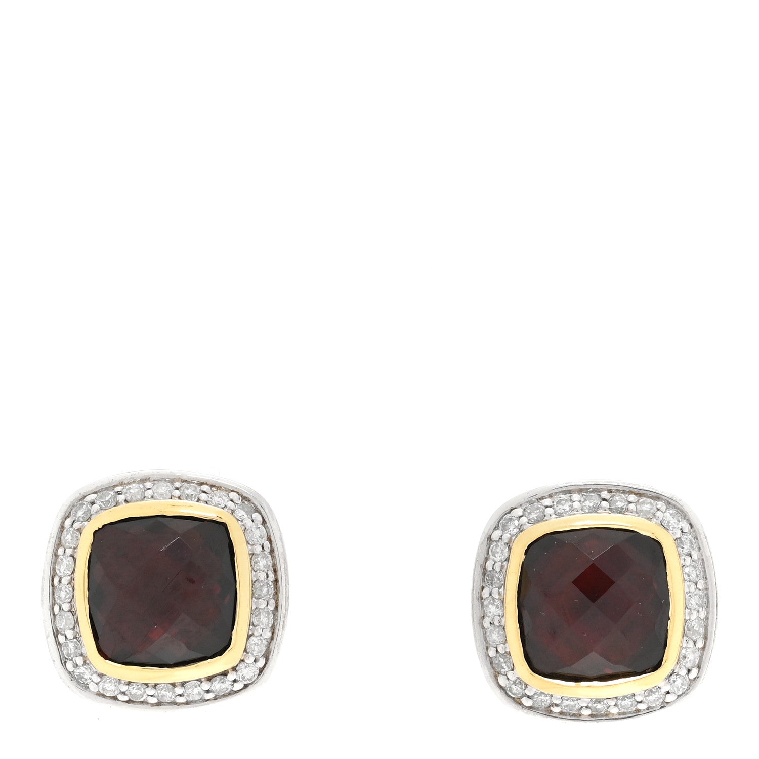 David Yurman Sterling Silver 18K Yellow Gold Diamond Garnet 7mm Petite Albion Earrings 1 of 4
