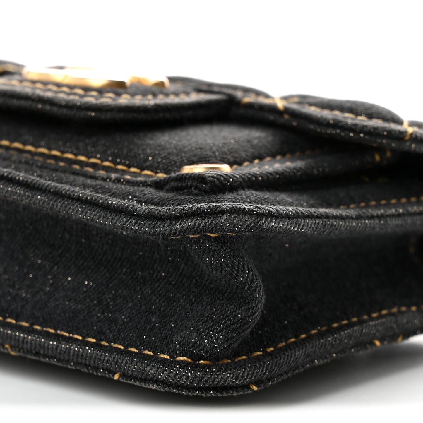 Denim Quilted Double You Card Holder On Chain Black Golden