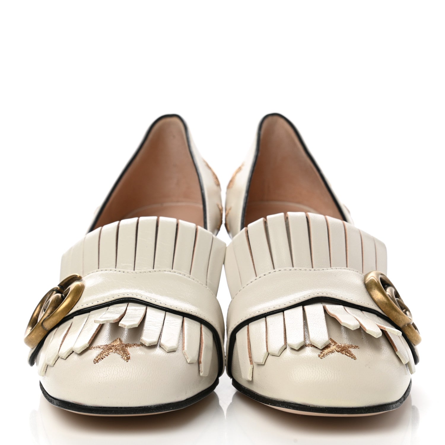 Gucci Quentin Goatskin Bee Star Embroidered GG Marmont Fringe 50mm Loafer Pumps 36.5 Mystic White 2 of 8