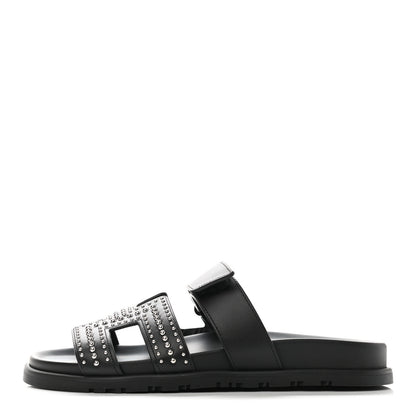 Hermes Mini Stud Calfskin Womens Chypre Sandals 37.5 Black 1 of 9