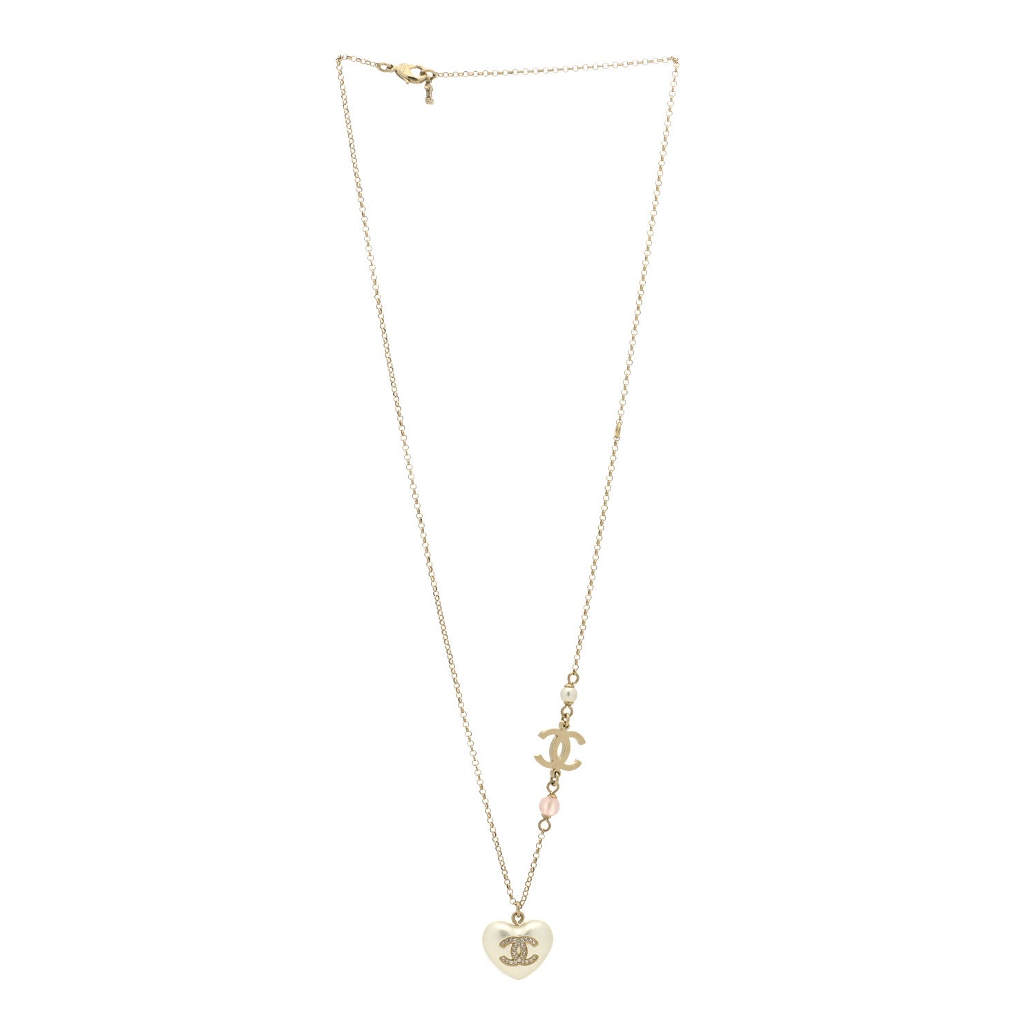 Chanel Resin Crystal CC Heart Necklace Pearly White Gold 3 of 5