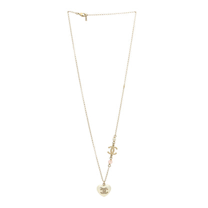 Chanel Resin Crystal CC Heart Necklace Pearly White Gold 3 of 5