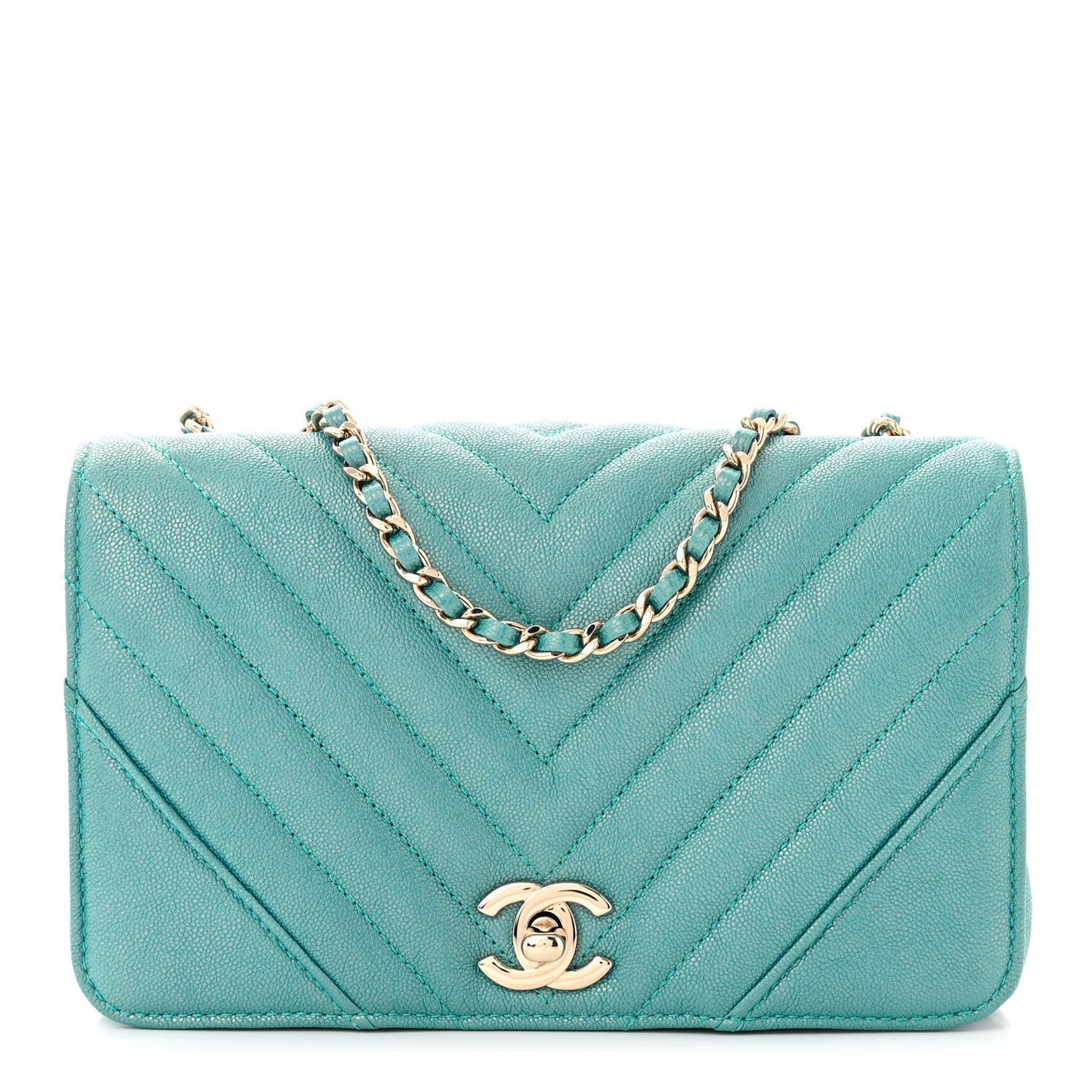 Caviar Chevron Quilted Small Statement Flap Turqouise
