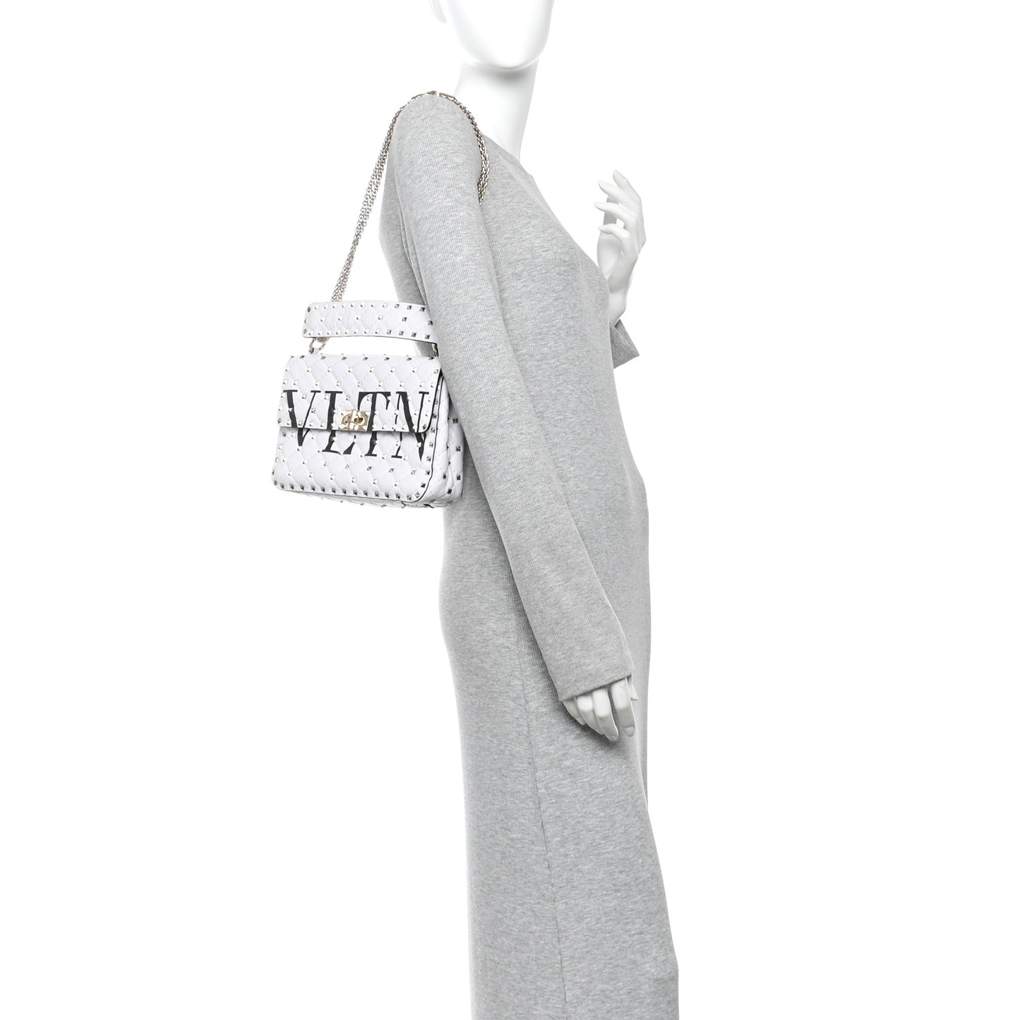 Lambskin VLTN Print Medium Rockstud Spike Shoulder Bag Optic White Black