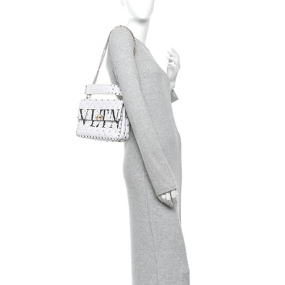 Valentino Garavani Lambskin VLTN Print Medium Rockstud Spike Shoulder Bag Optic White Black 2 of 10