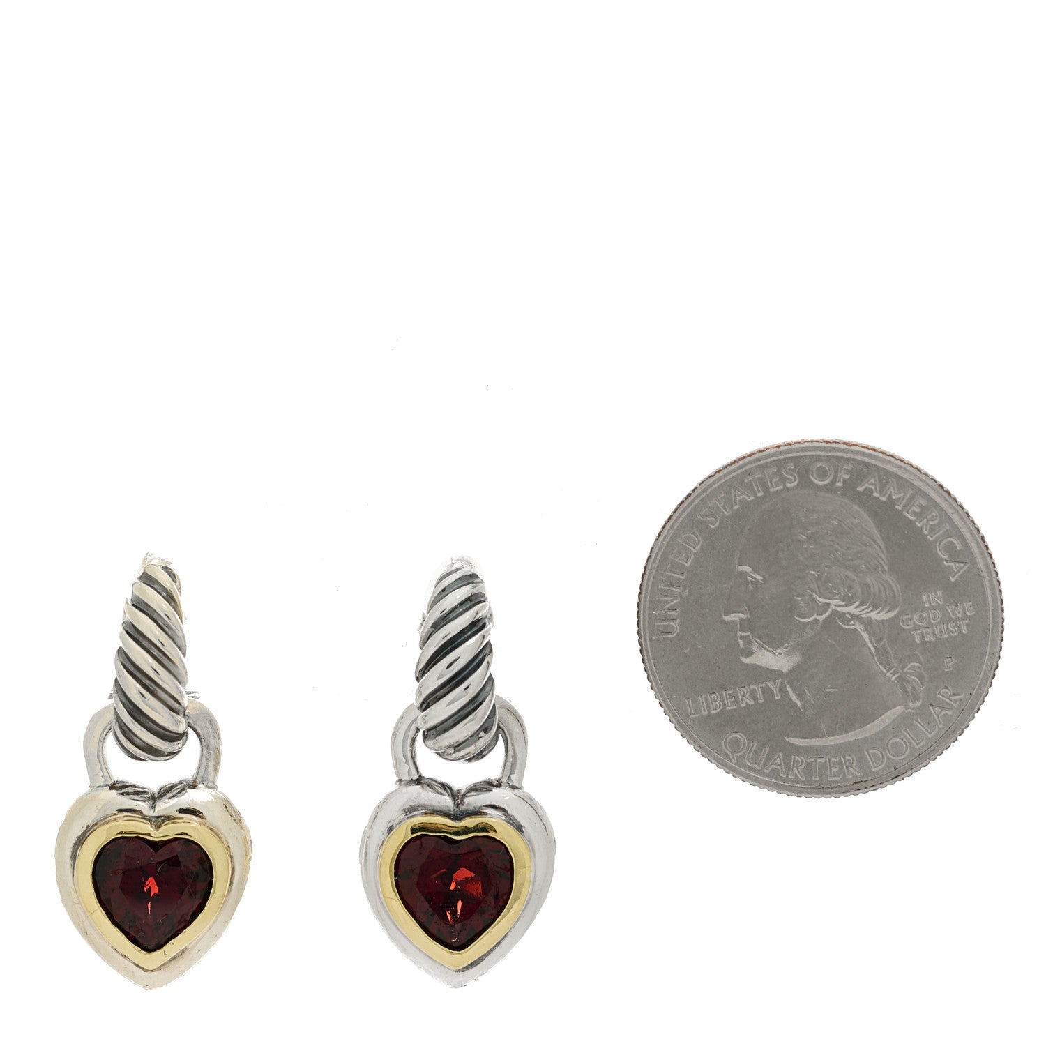David Yurman Sterling Silver 14K Yellow Gold Garnet Heart Earrings 2 of 4
