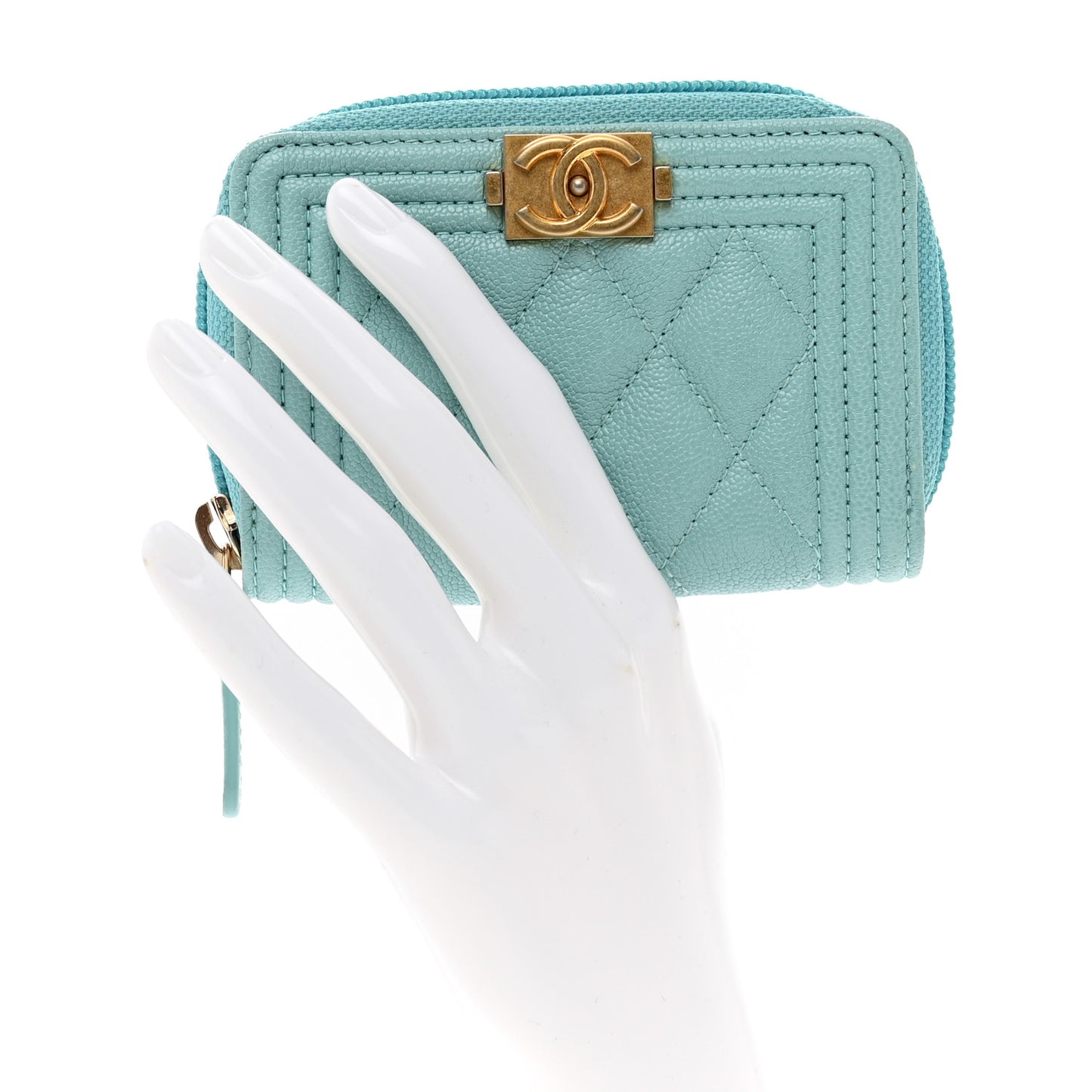 Caviar Quilted Boy Zip Around Coin Purse Wallet Turquoise