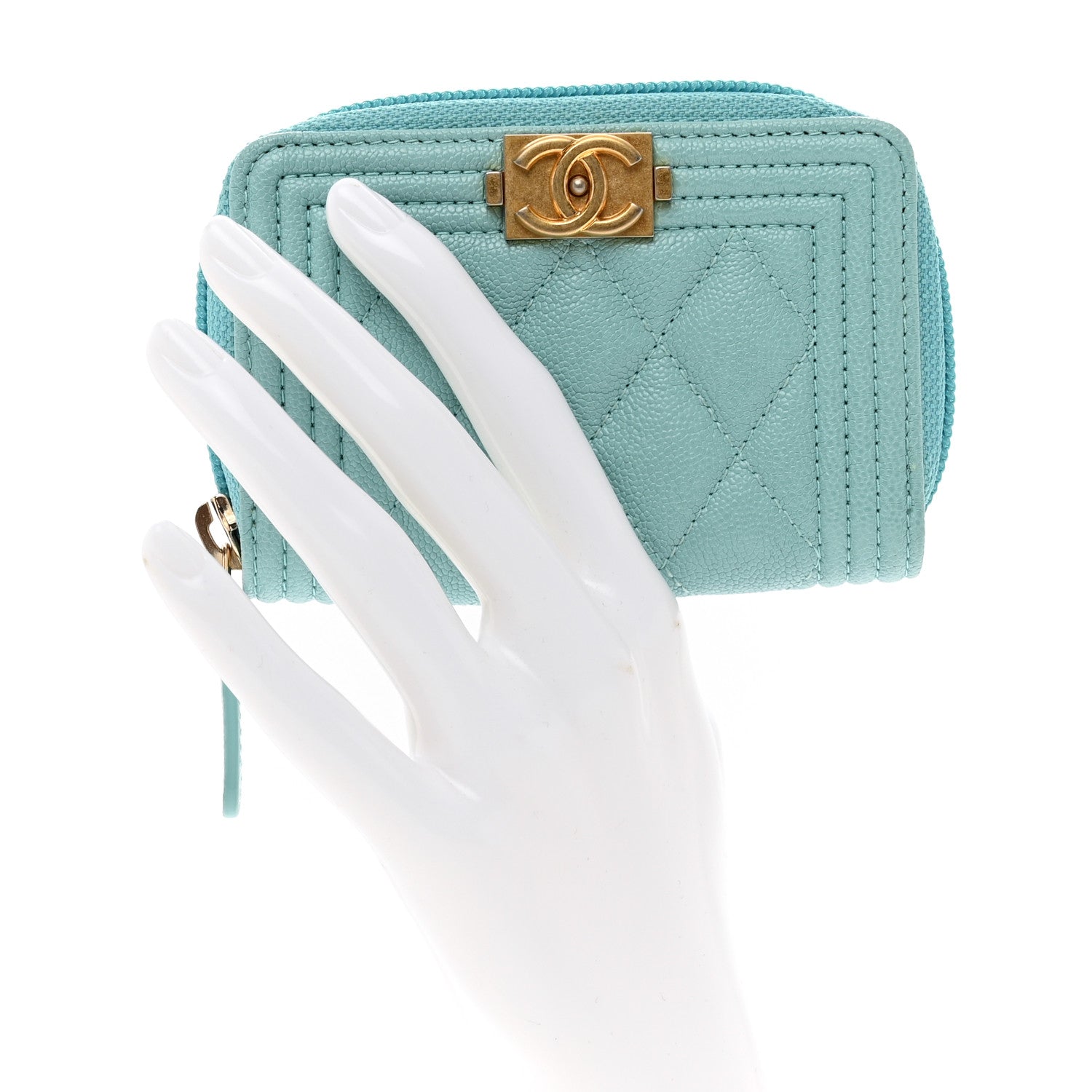 Chanel Caviar Quilted Boy Zip Around Coin Purse Wallet Turquoise 2 of 8
