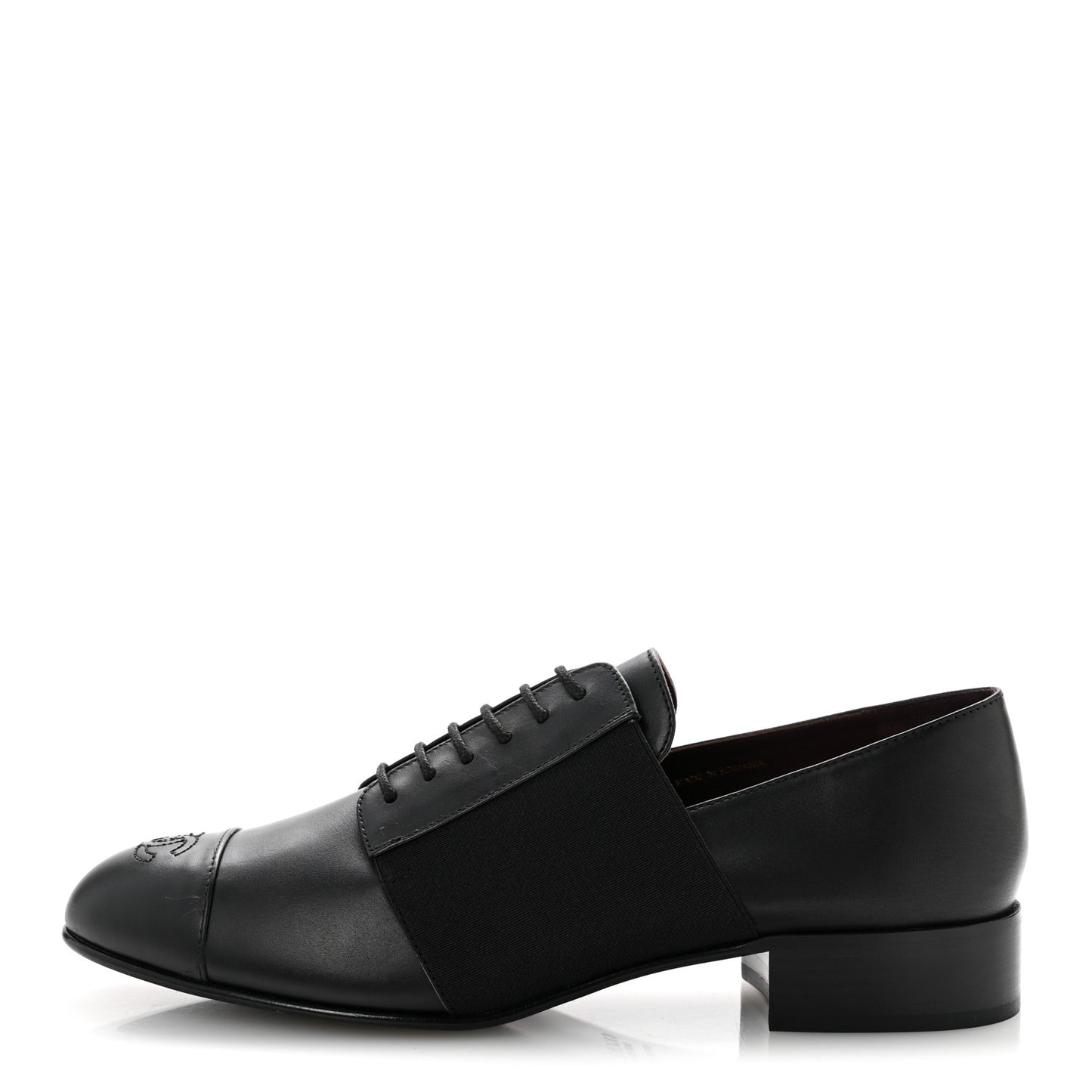 Calfskin Elastic Lace Up Cap Toe CC Loafers 40 Black