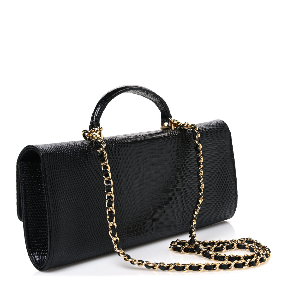 Chanel Calfskin Lizard Embossed Top Handle Long Clutch With Chain Black 3 of 12