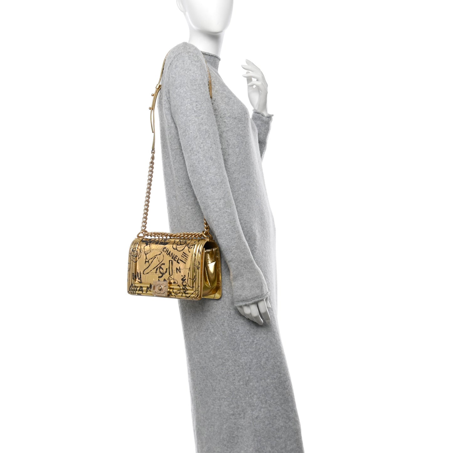 Metallic Calfskin Crocodile Embossed Graffiti Medium Cocodile Boy Flap Gold