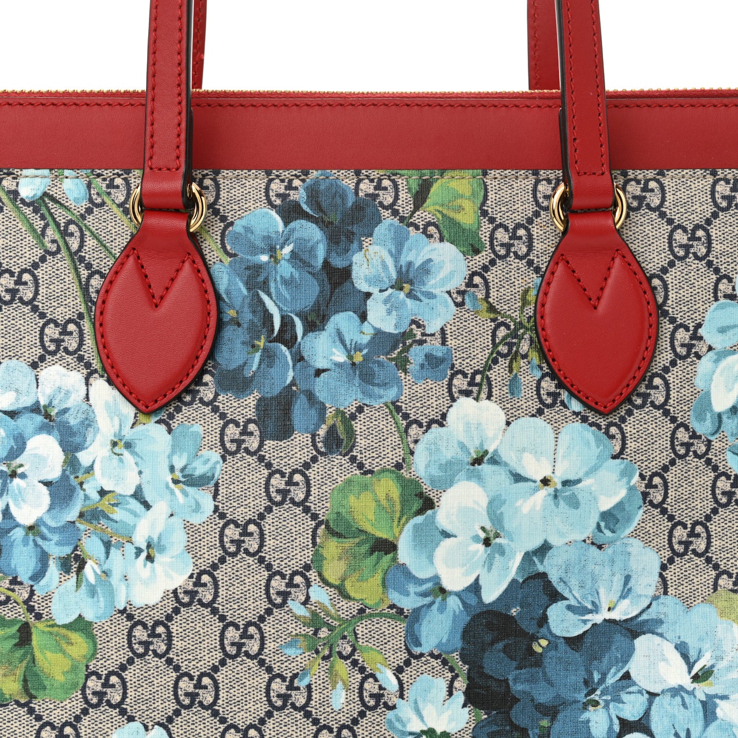 GG Supreme Monogram Blooms Medium Zippered Bucket Tote Beige Blue Navy Hibiscus Red
