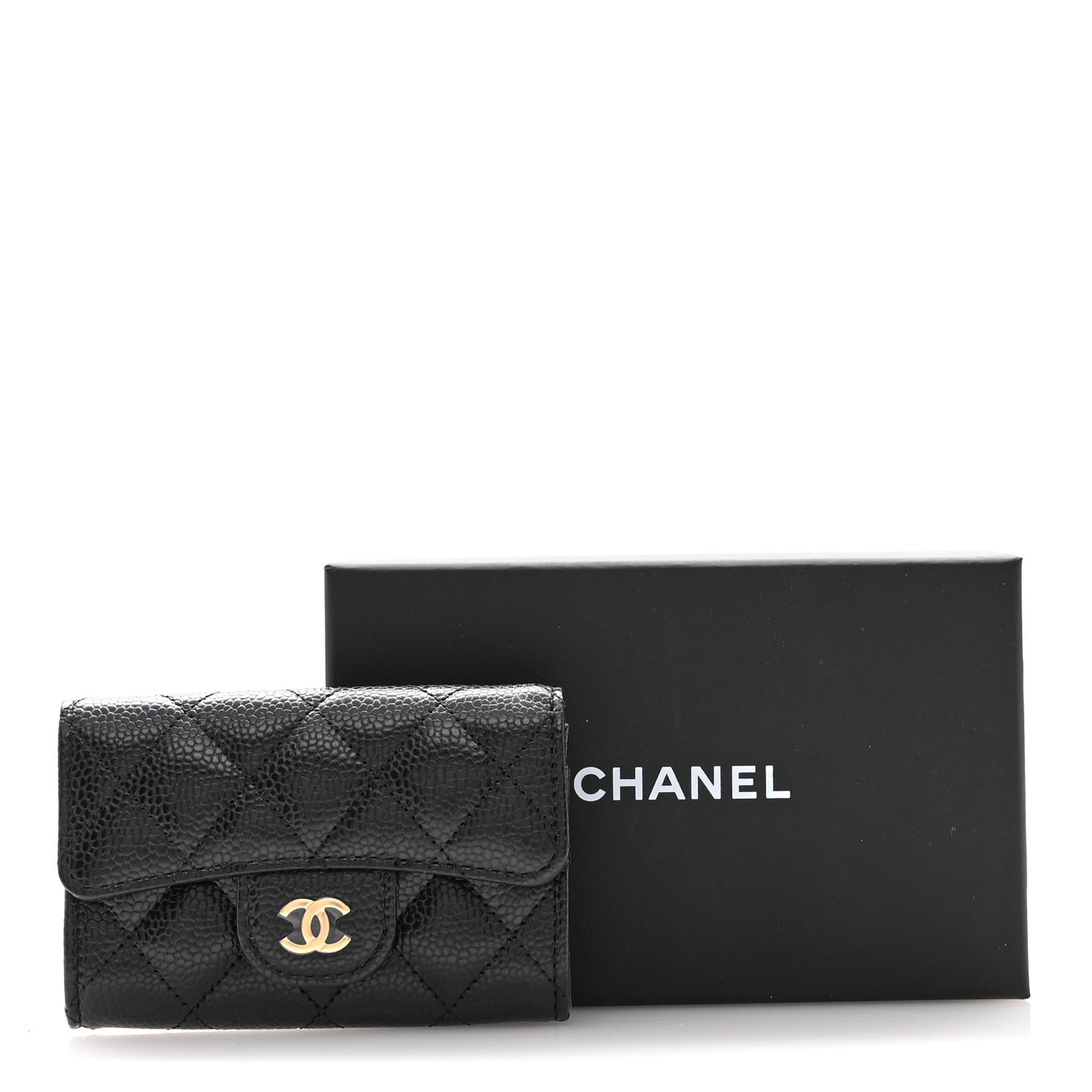 Caviar Quilted Flap Card Holder Wallet Black