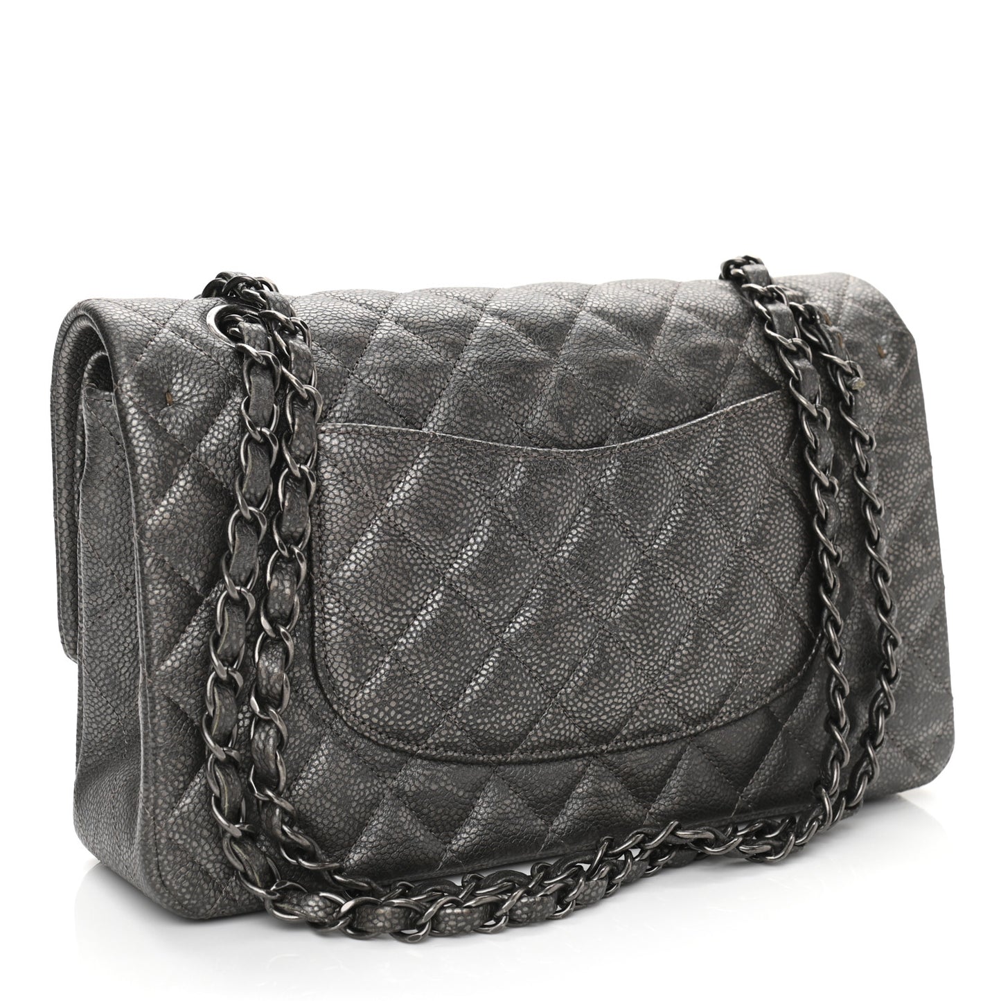 Metallic Caviar Quilted Medium Double Flap Dark Grey