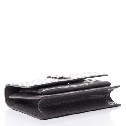 Saint Laurent Calfskin Crocodile Embossed Monogram Sunset Chain Wallet Graphite 3 of 4