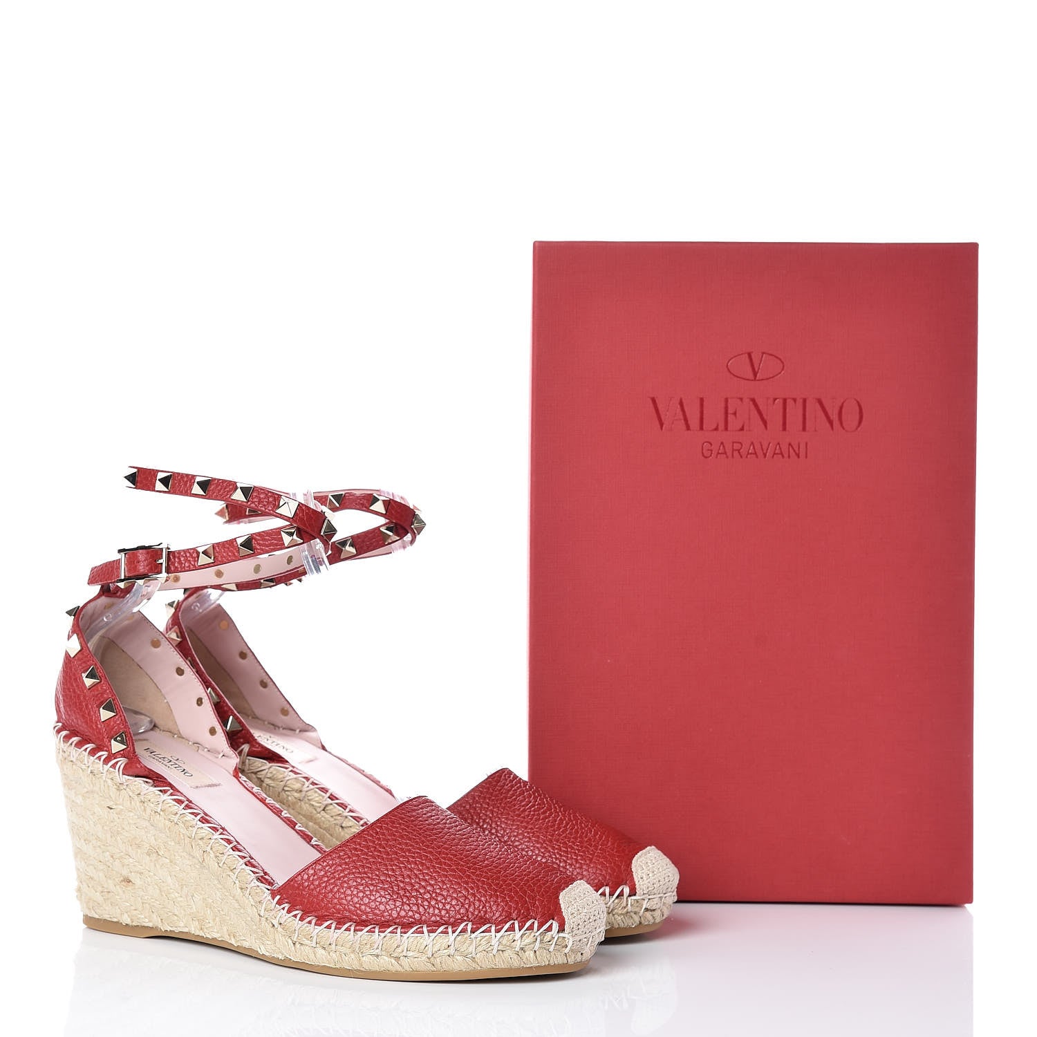 Valentino Garavani Grained Calfskin Rockstud Ankle Wrap Espadrille 15/85mm Wedges 41 Rosso Valentino Natural 7 of 7