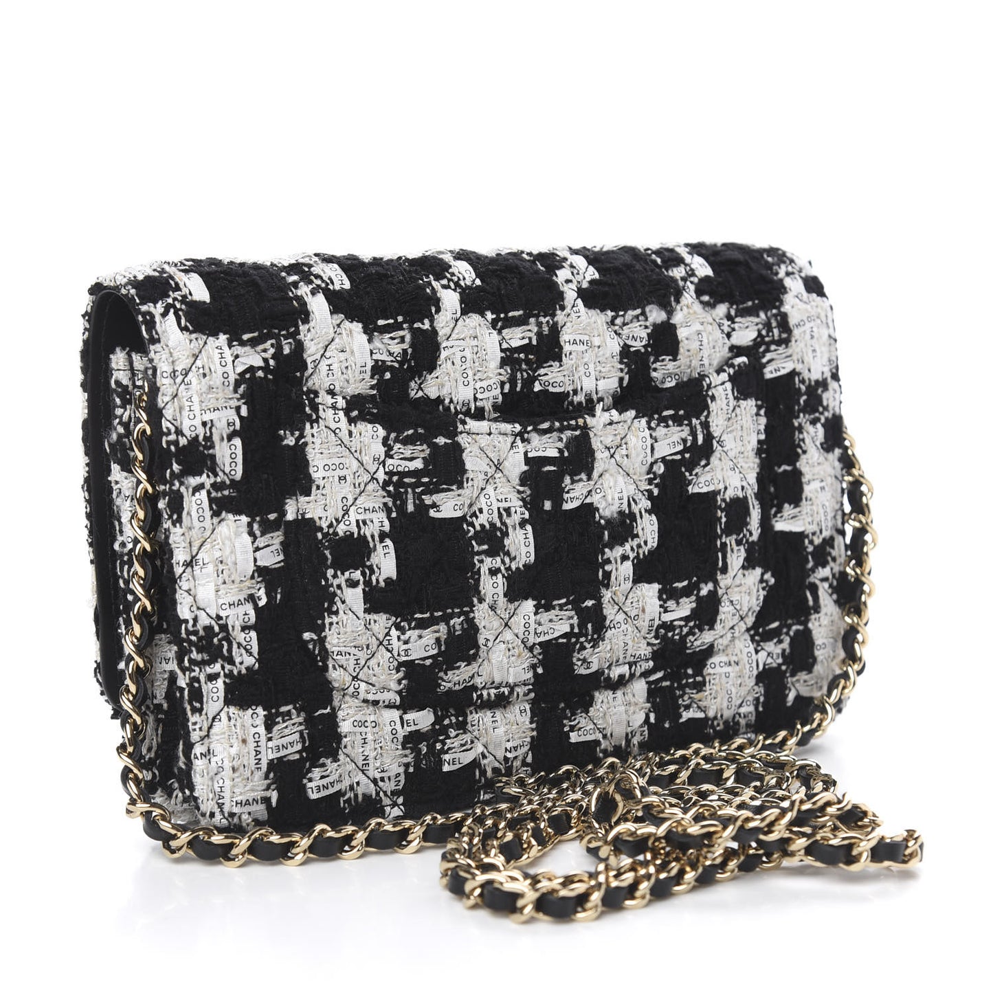 Tweed Quilted Wallet On Chain WOC Black Ecru White