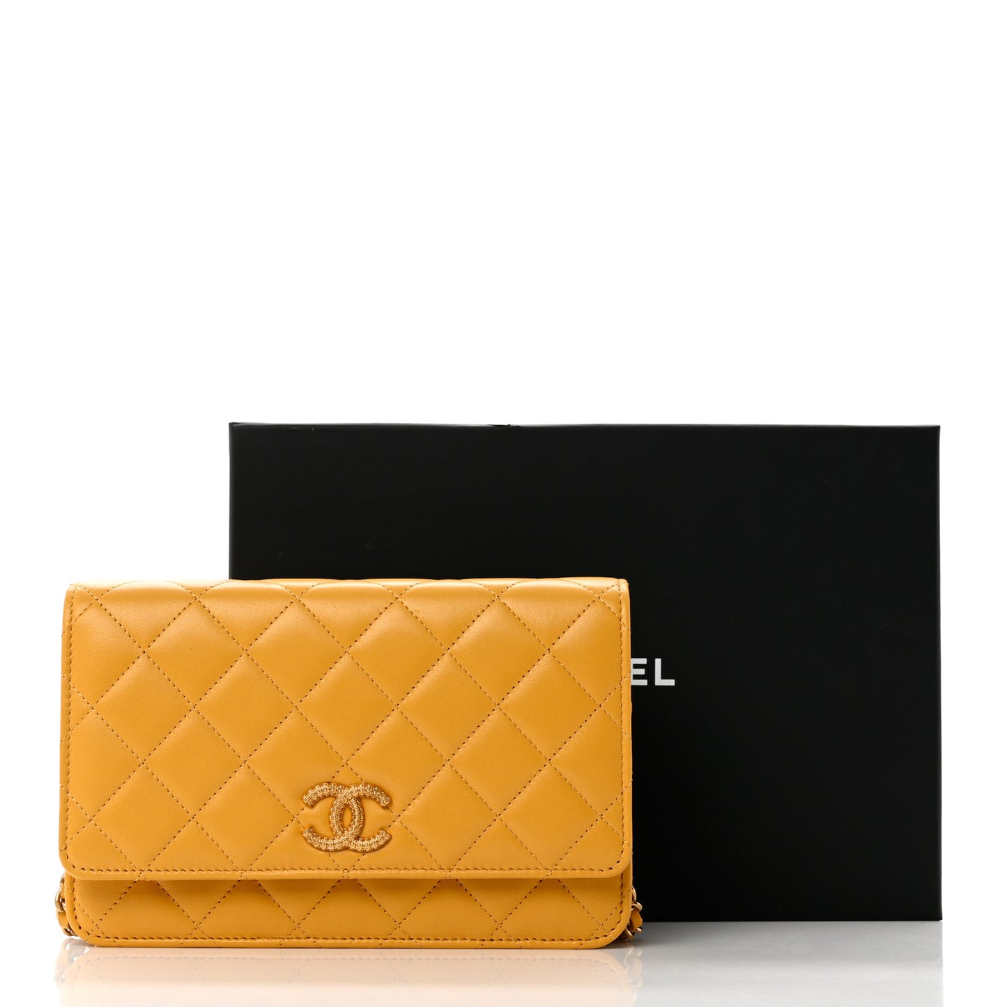 Lambskin Quilted Studded CC Wallet On Chain WOC Yellow