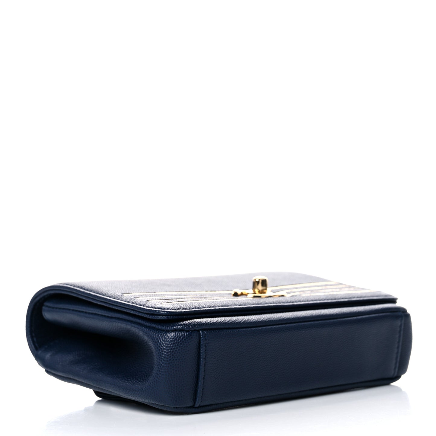 Grained Calfskin Embroidered Captain Gold Flap Belt Bag Navy
