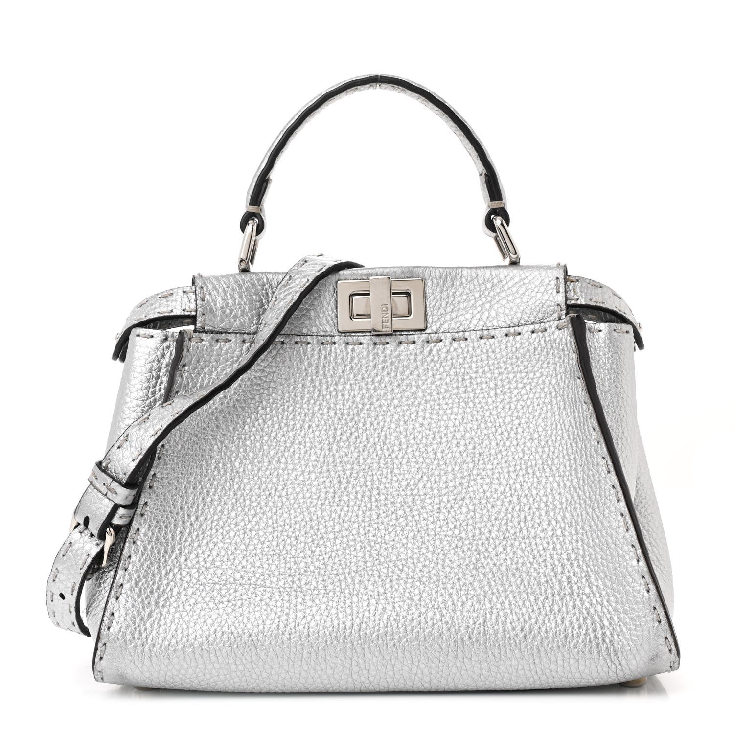 Fendi Cuoio Romano Lux Selleria Mini Peekaboo Iconic Satchel Argento 1 of 12
